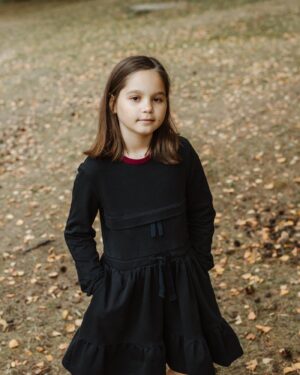 Dress BARBORA Black / T1d Girls Long Sleeve Dress A line Twirly / Casual Bow Tie Dress/ Cotton dress with pockets / Size 5-12 Years