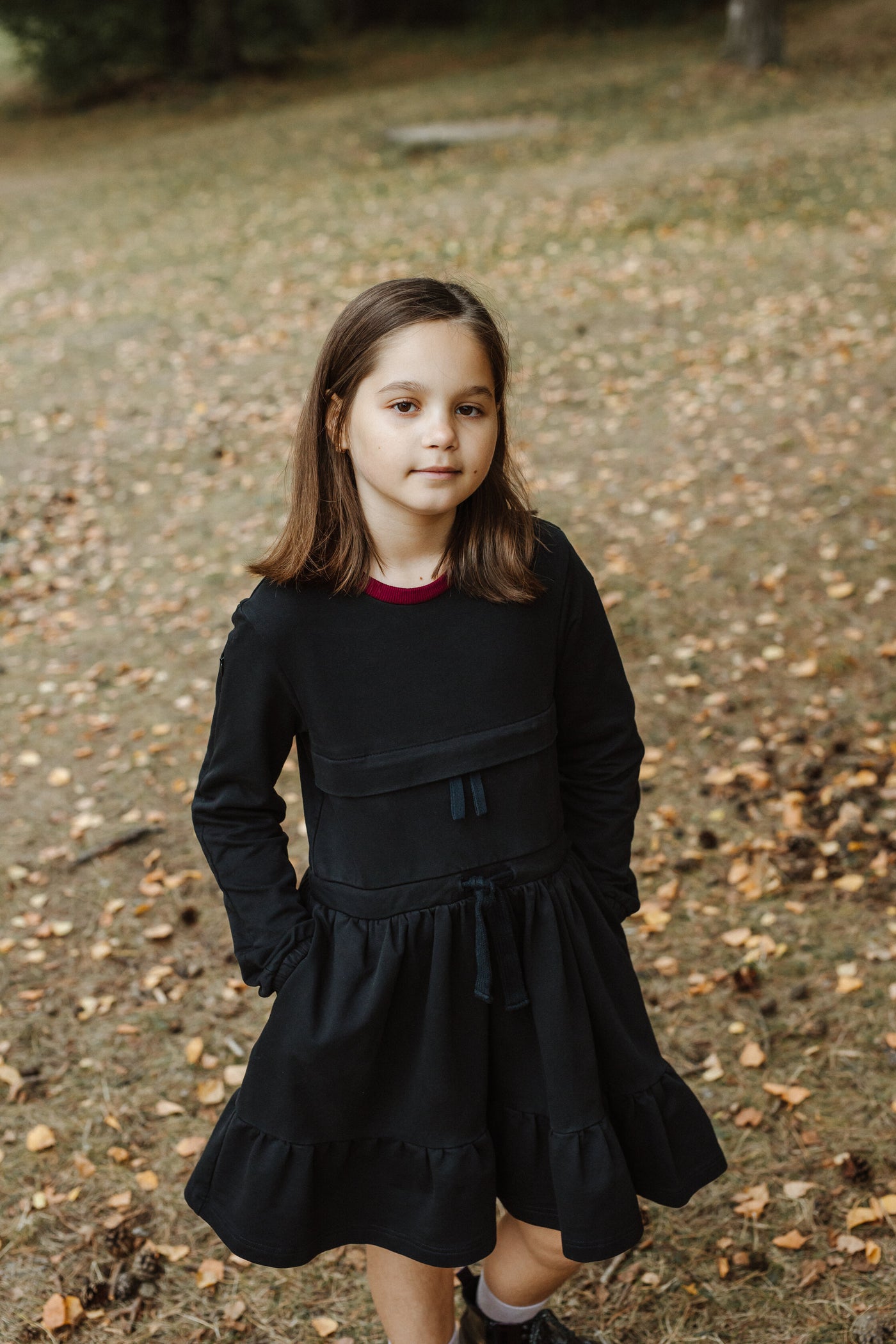 Dress BARBORA Black / T1d Girls Long Sleeve Dress A line Twirly / Casual Bow Tie Dress/ Cotton dress with pockets / Size 5-12 Years