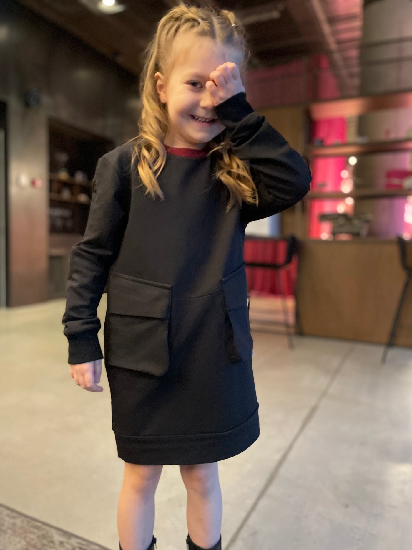 Dress EMA Black / T1d Girls Long Sleeve Dress / Casual / Cotton dress with pockets / Size 5-12 Years
