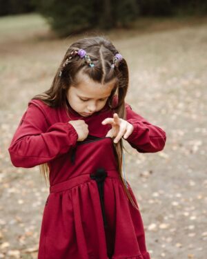 Dress BARBORA Bordo / T1d Girls Long Sleeve Dress A line Twirly / Casual Bow Tie Dress/ Cotton dress with pockets / Size 5-12 Years