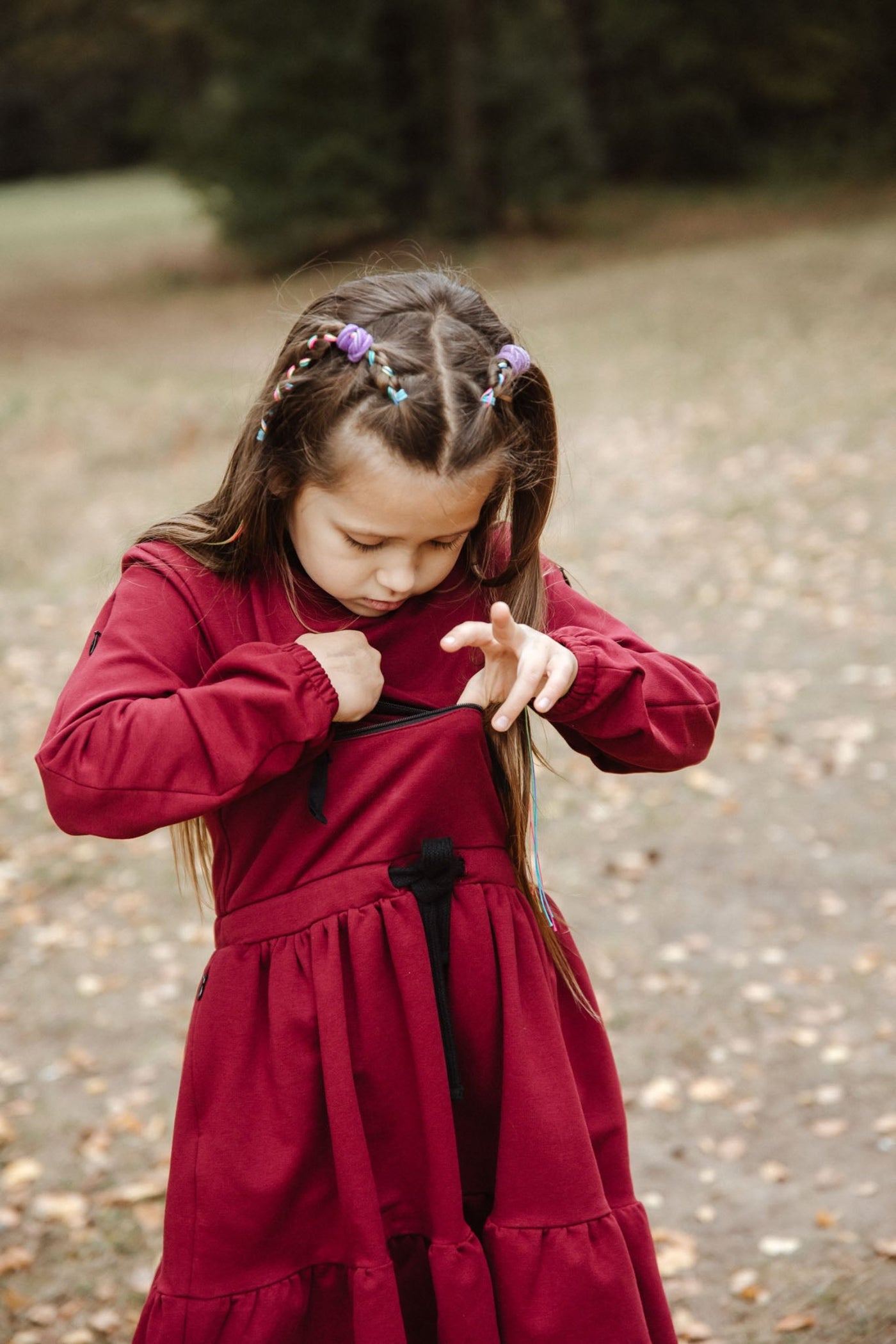 Dress BARBORA Bordo / T1d Girls Long Sleeve Dress A line Twirly / Casual Bow Tie Dress/ Cotton dress with pockets / Size 5-12 Years